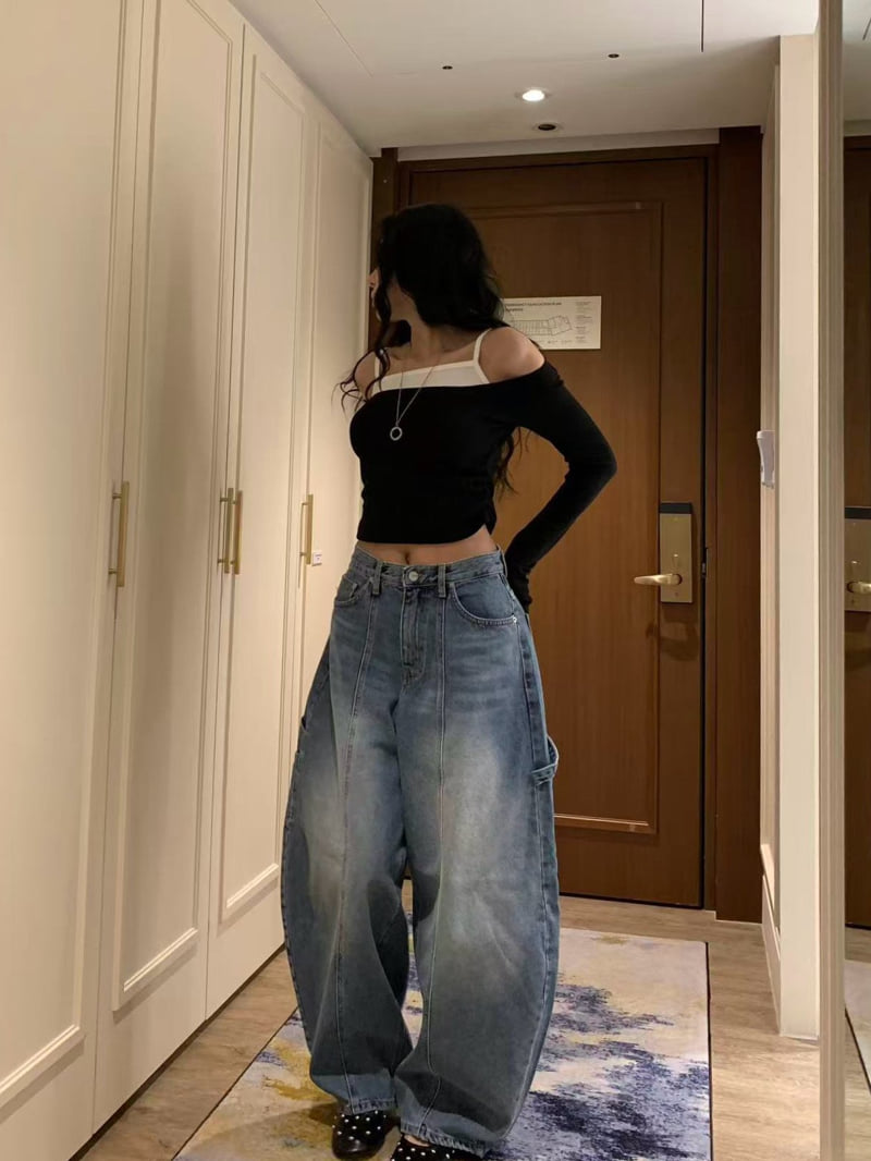 Badcalm - Korean Women Fashion - #momslook - Carpenter Curved Denim Pants - 6
