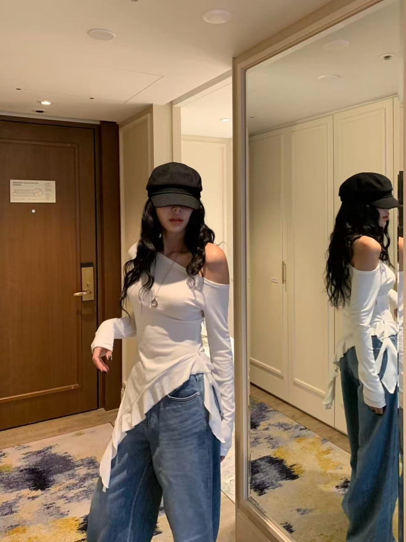 Badcalm - Korean Women Fashion - #momslook - Fringe Off-Shoulder Tee - 12