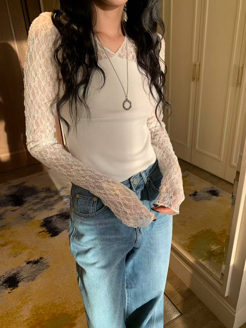 Badcalm - Korean Women Fashion - #momslook - Lace Ribbed Top - 10