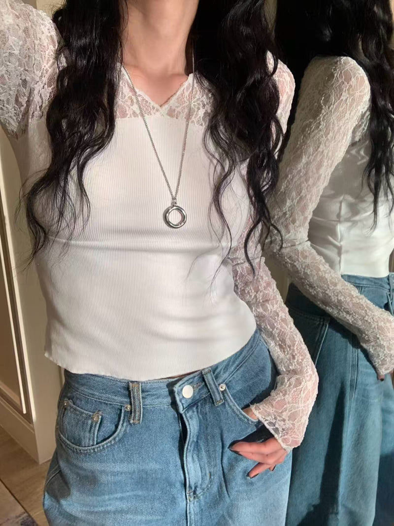 Badcalm - Korean Women Fashion - #momslook - Lace Ribbed Top - 8
