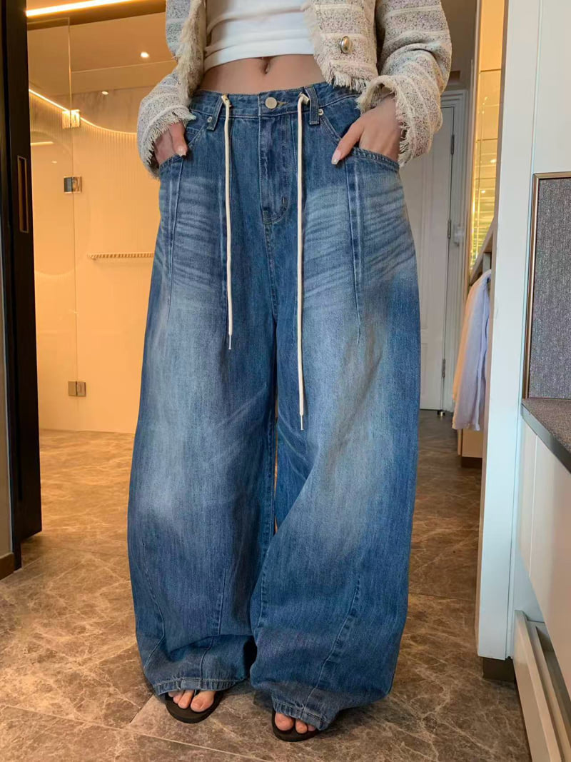 Badcalm - Korean Women Fashion - #momslook - Cat Wide Denim Pants - 3