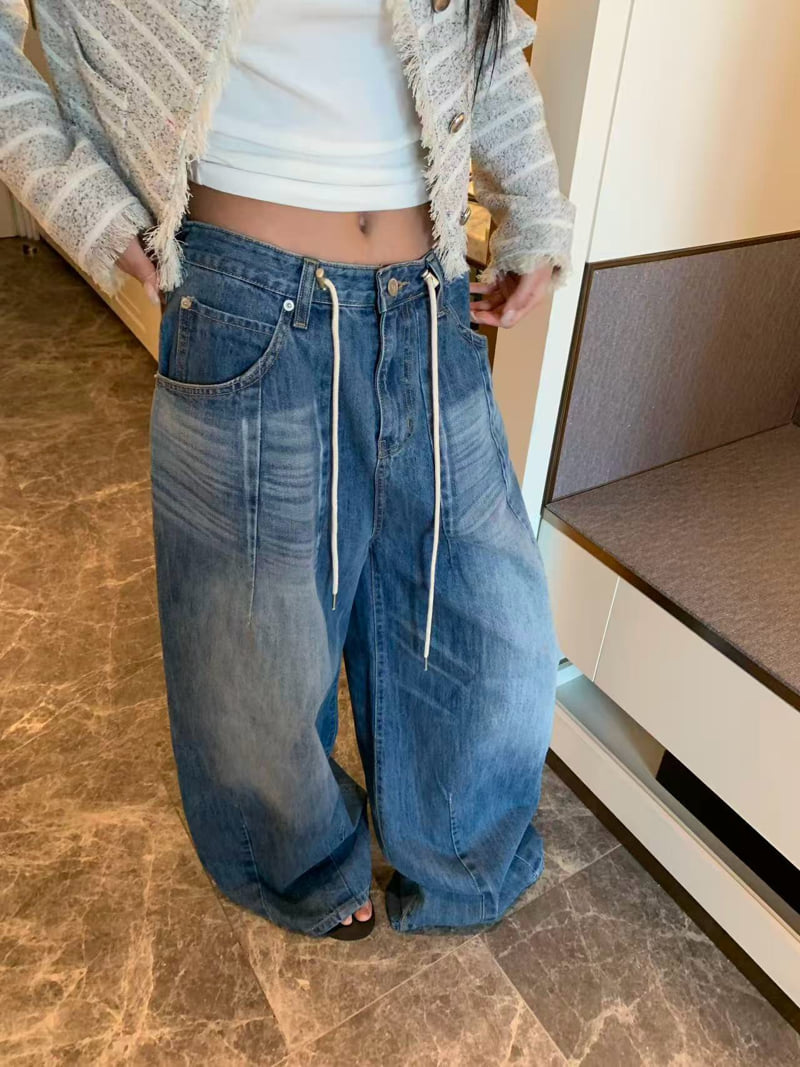 Badcalm - Korean Women Fashion - #momslook - Cat Wide Denim Pants - 5