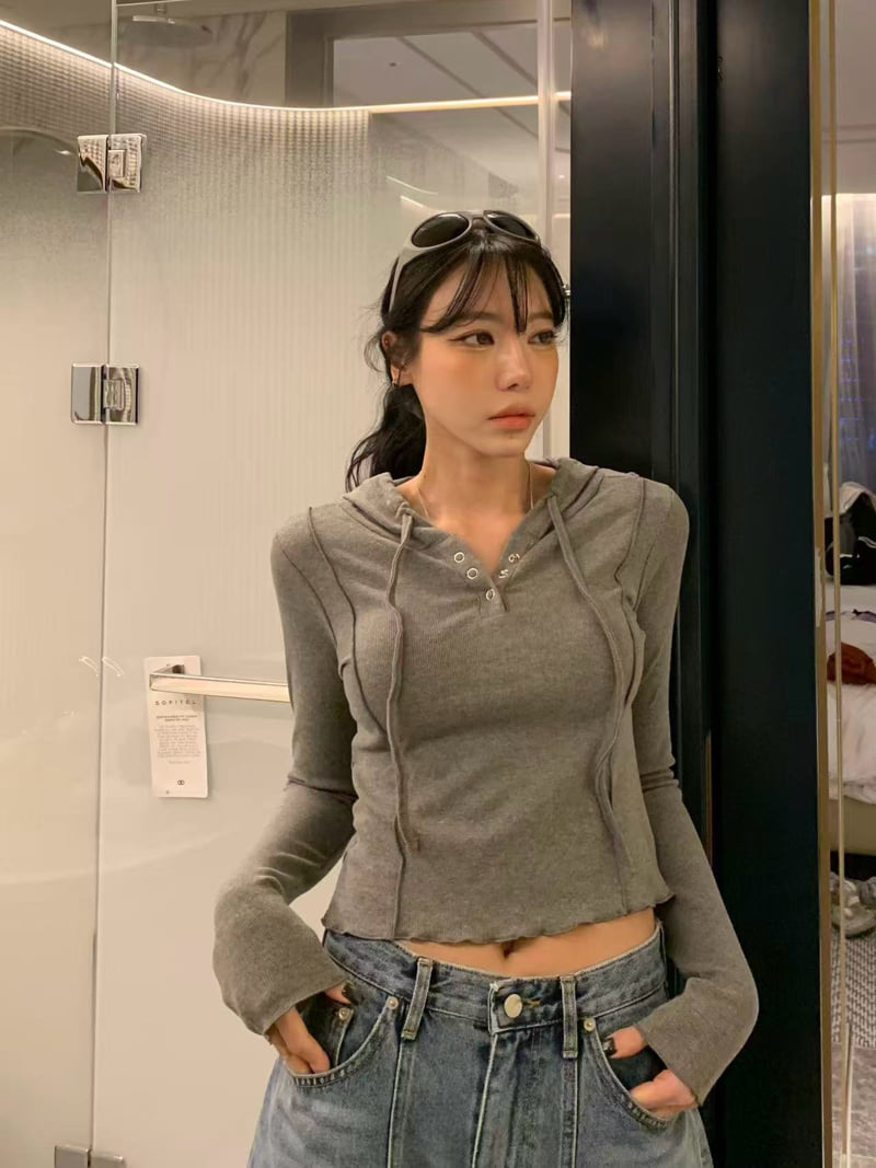 Badcalm - Korean Women Fashion - #womensfashion - Snap Hoodie Tee - 4