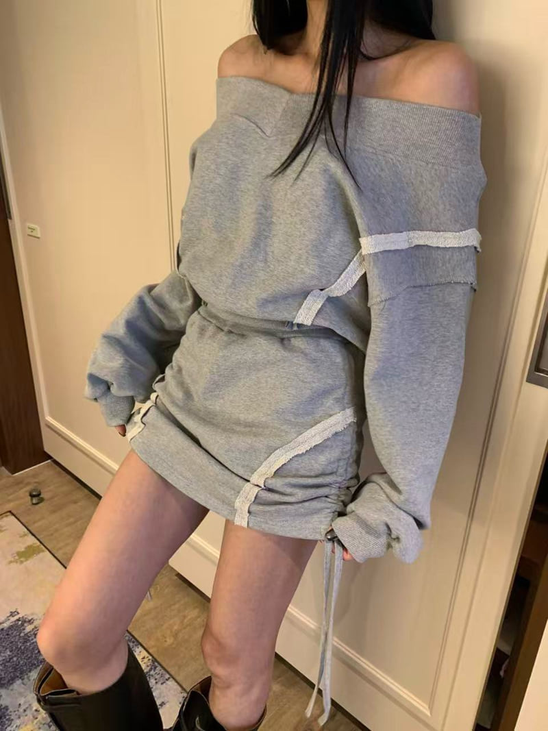Badcalm - Korean Women Fashion - #vintageinspired - V-Cut Raw Edge Sweatshirt - 2