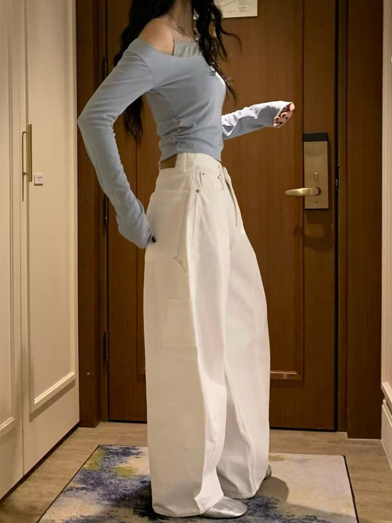 Badcalm - Korean Women Fashion - #womensfashion - Carpenter Curved Denim Pants