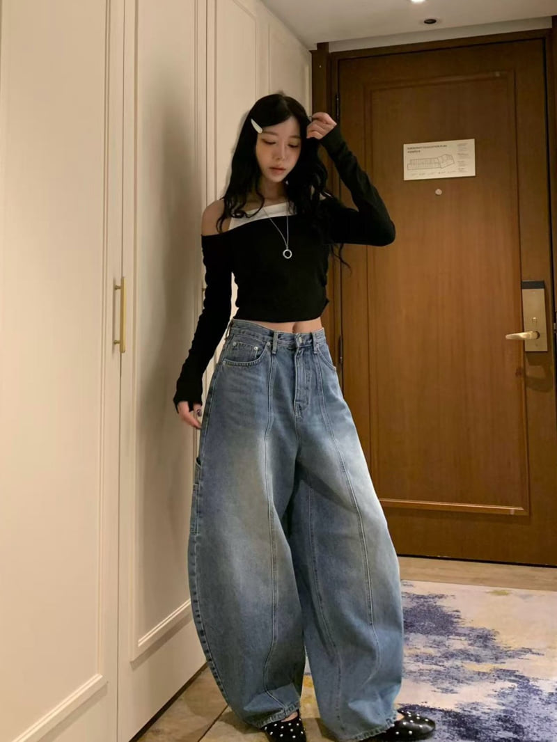 Badcalm - Korean Women Fashion - #womensfashion - Carpenter Curved Denim Pants - 5