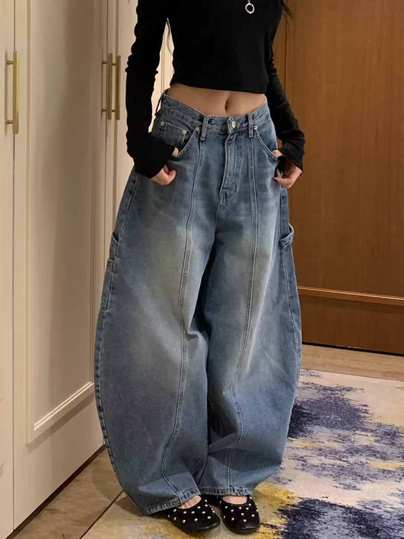 Badcalm - Korean Women Fashion - #womensfashion - Carpenter Curved Denim Pants - 7