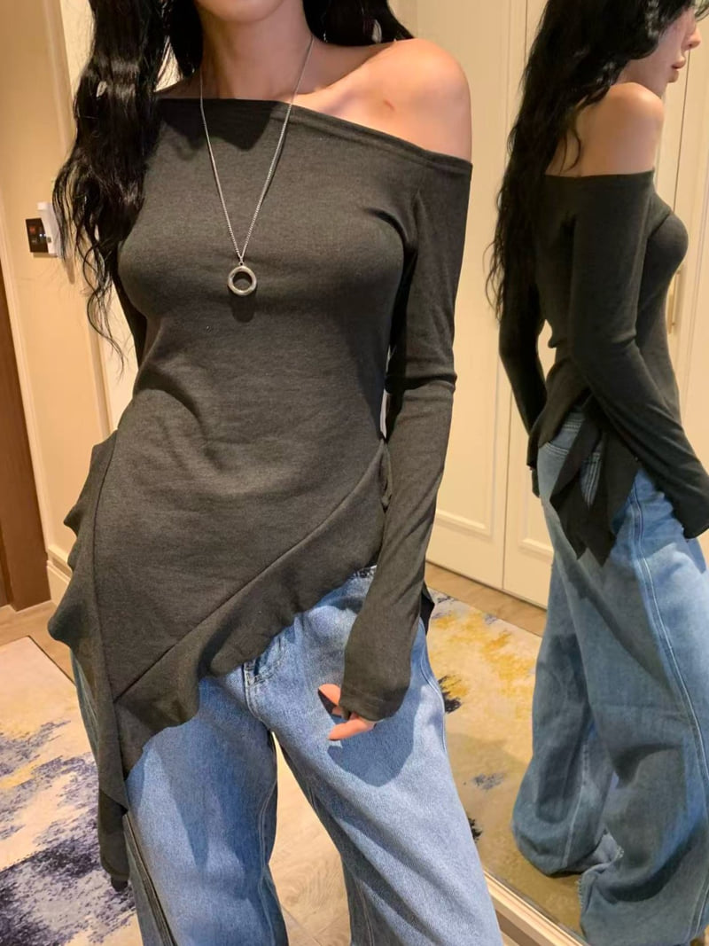 Badcalm - Korean Women Fashion - #womensfashion - Fringe Off-Shoulder Tee - 3
