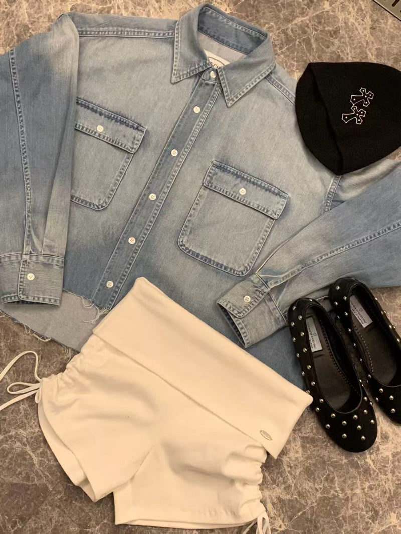 Badcalm - Korean Women Fashion - #womensfashion - Denim Crop Shirt - 8