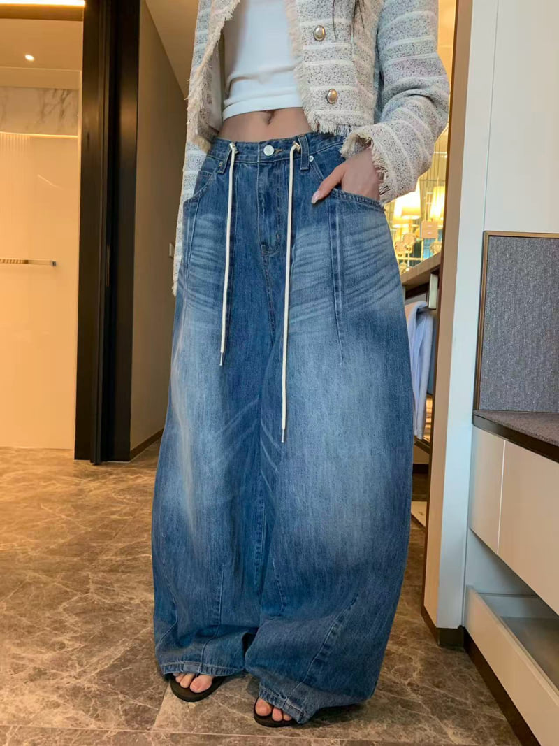 Badcalm - Korean Women Fashion - #momslook - Cat Wide Denim Pants - 4