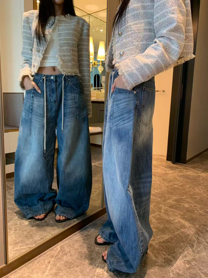 Badcalm - Korean Women Fashion - #womensfashion - Cat Wide Denim Pants - 6