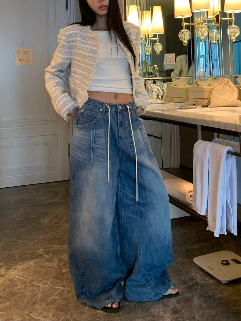 Badcalm - Korean Women Fashion - #womensfashion - Cat Wide Denim Pants - 8