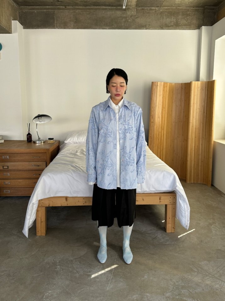 Chavi - Korean Women Fashion - #momslook - Blue Embroidery Double Shirt - 2