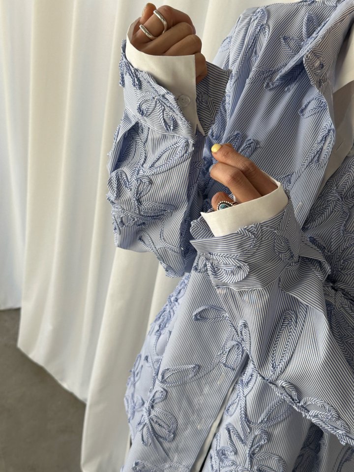 Chavi - Korean Women Fashion - #momslook - Blue Embroidery Double Shirt - 4