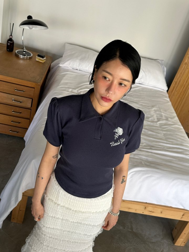 Chavi - Korean Women Fashion - #momslook - Eyelet Collar Tee - 2