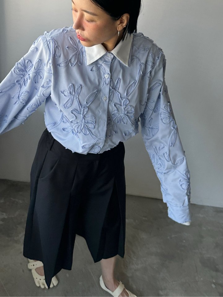 Chavi - Korean Women Fashion - #shopsmall - Blue Embroidery Double Shirt - 11