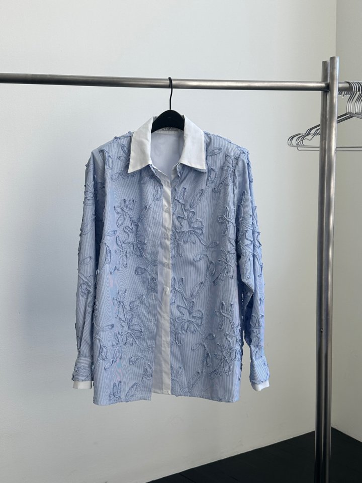 Chavi - Korean Women Fashion - #womensfashion - Blue Embroidery Double Shirt