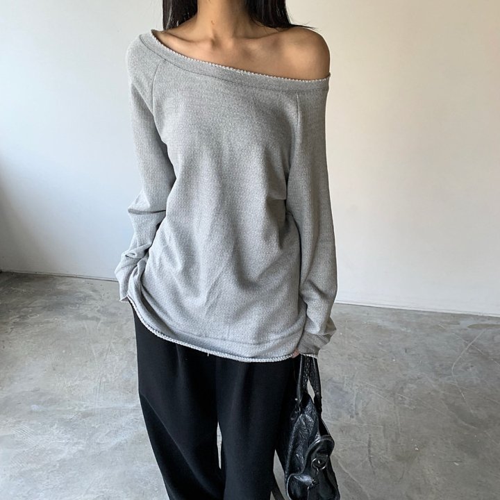 Cover - Korean Women Fashion - #momslook - Jacquard Off-Shoulder Sweatshirt - 10