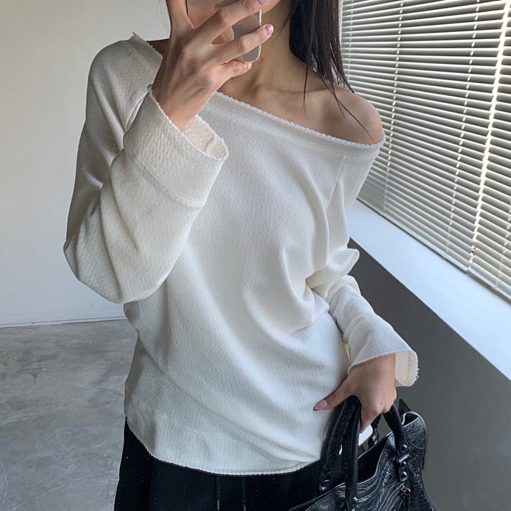 Cover - Korean Women Fashion - #momslook - Jacquard Off-Shoulder Sweatshirt - 2