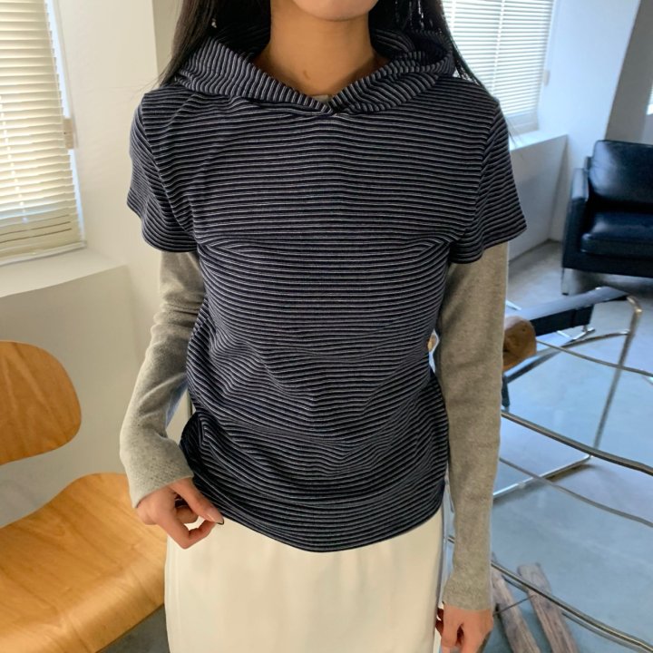Cover - Korean Women Fashion - #momslook - Stripe Hoodie Short Sleeve Tee