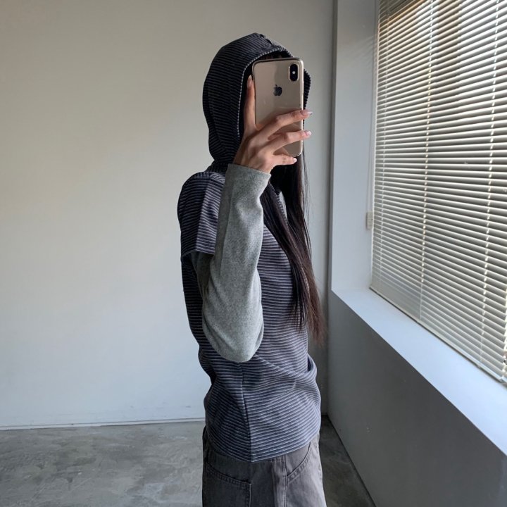 Cover - Korean Women Fashion - #momslook - Stripe Hoodie Short Sleeve Tee - 5