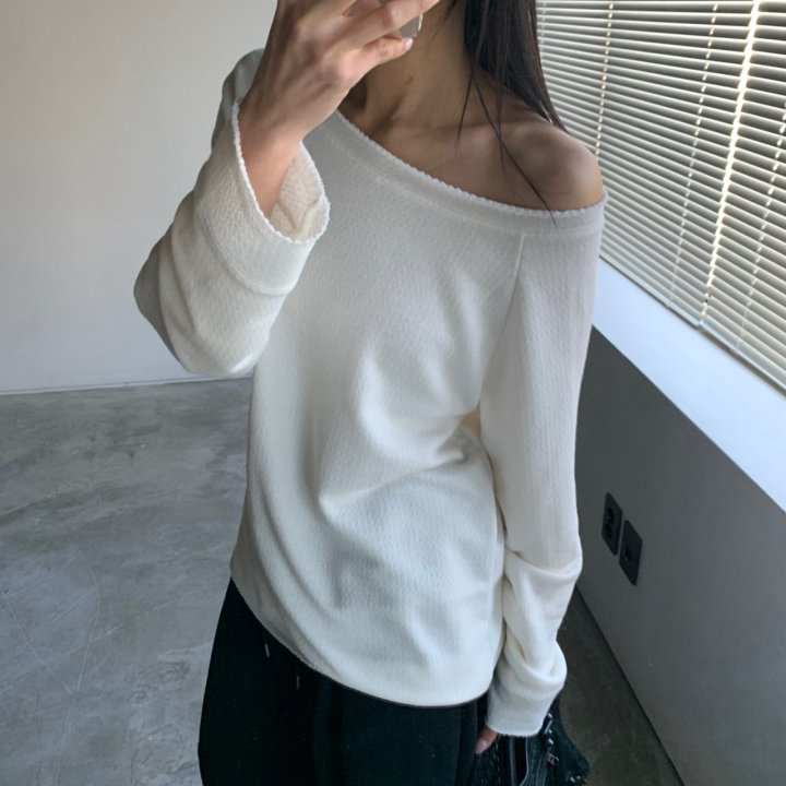 Cover - Korean Women Fashion - #womensfashion - Jacquard Off-Shoulder Sweatshirt - 3