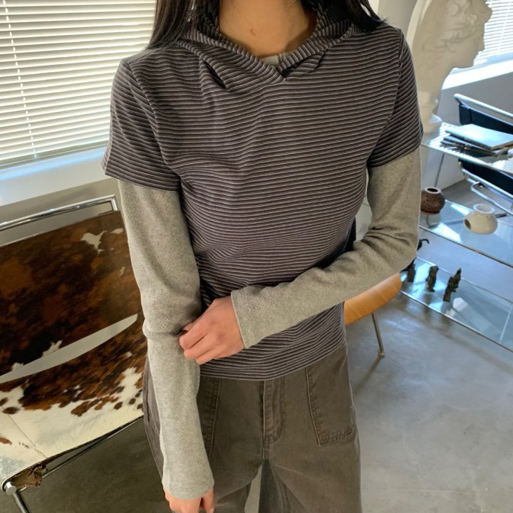 Cover - Korean Women Fashion - #womensfashion - Stripe Hoodie Short Sleeve Tee - 2