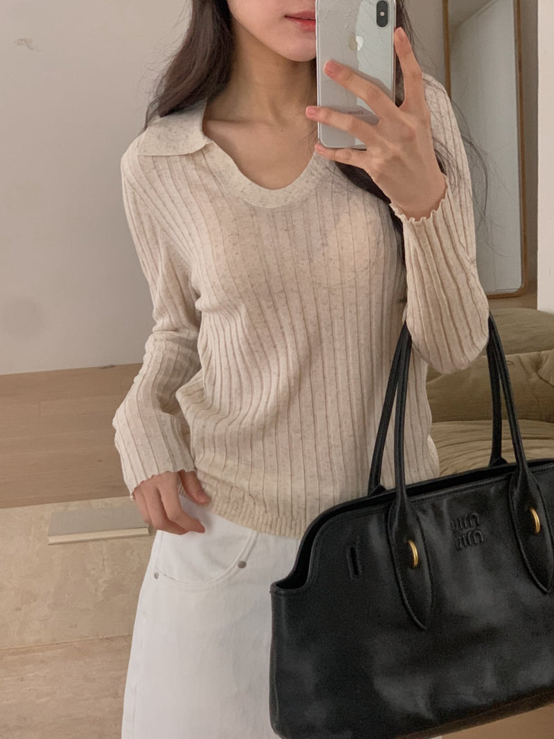 Dress Room - Korean Women Fashion - #womensfashion - Ash Collar Ribbed Knit - 6