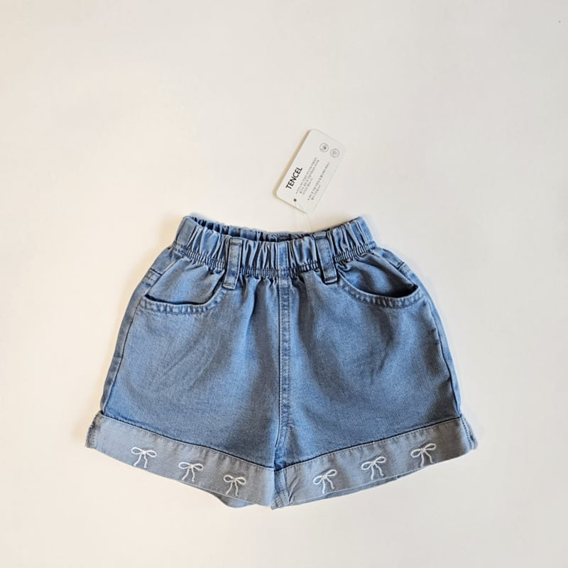 Firstblue - Korean Children Fashion - #childofig - Ribbon Embroidery Denim Shorts - 2