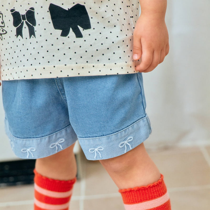 Firstblue - Korean Children Fashion - #childrensboutique - Ribbon Embroidery Denim Shorts - 4