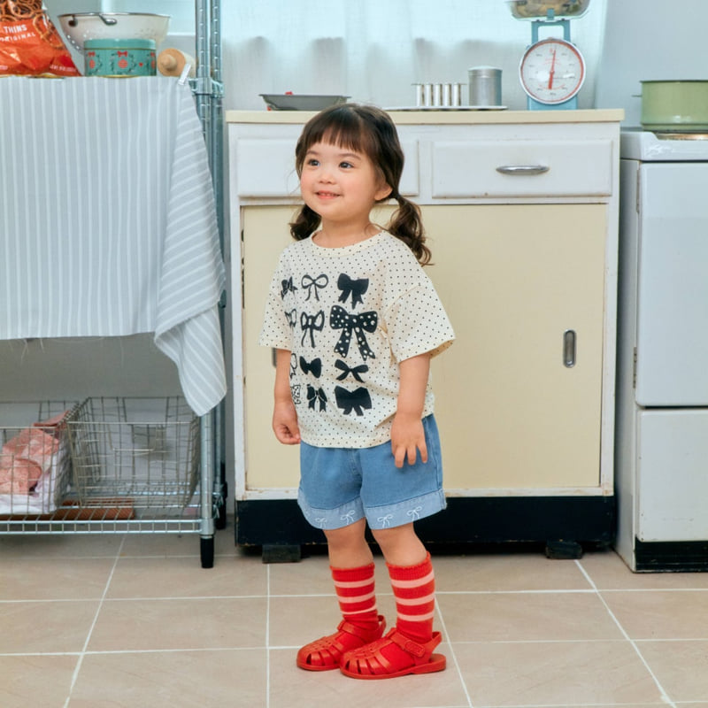 Firstblue - Korean Children Fashion - #discoveringself - Ribbon Embroidery Denim Shorts - 5