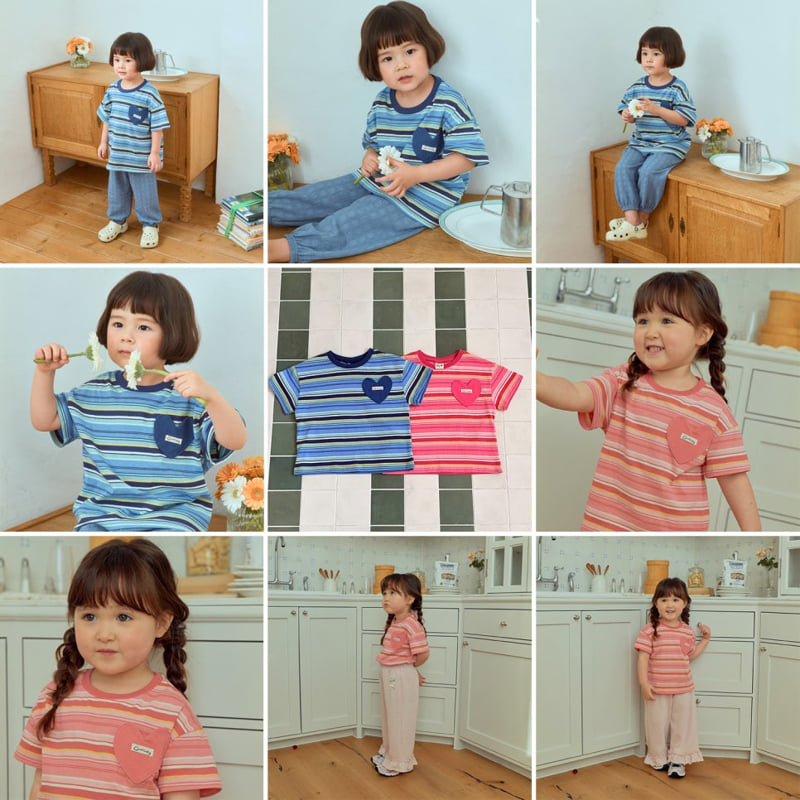 Firstblue - Korean Children Fashion - #littlefashionista - Heart Pocket Stripe Tee