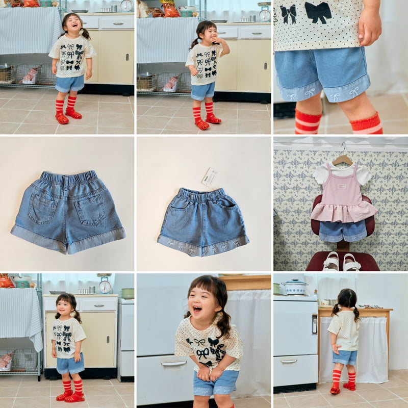 Firstblue - Korean Children Fashion - #stylishchildhood - Ribbon Embroidery Denim Shorts