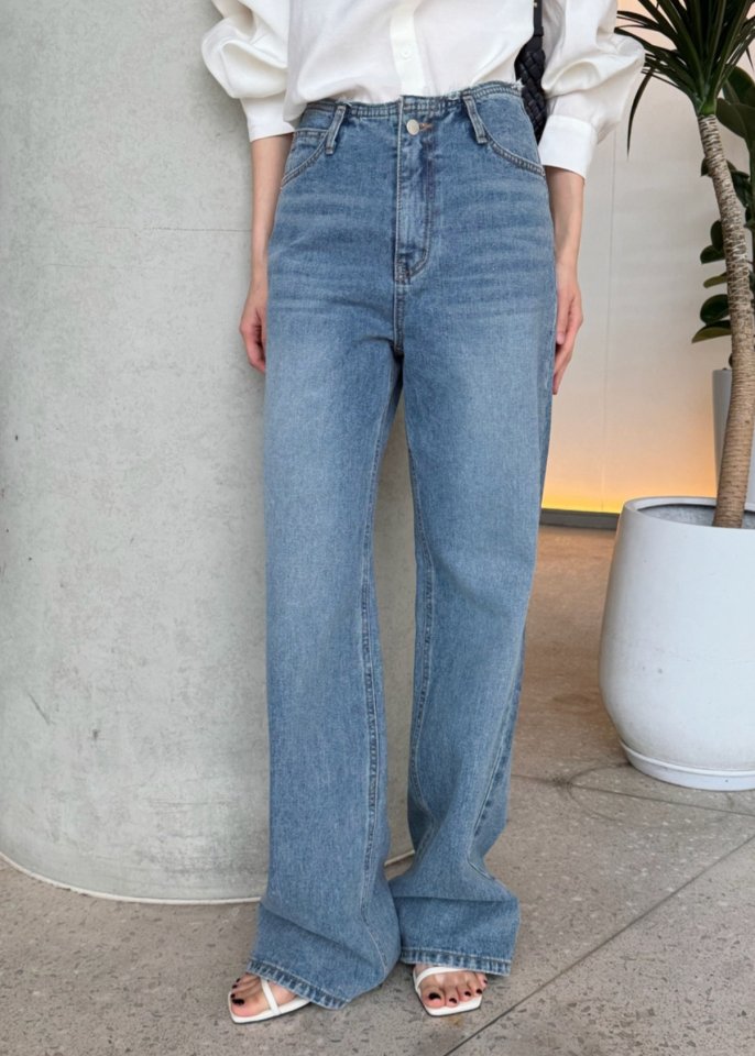 I'm here - Korean Women Fashion - #momslook - Muobi Mid Blue Wide Denim Pants - 9