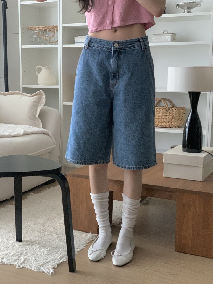 I'm here - Korean Women Fashion - #momslook - Diagonal Bermuda Denim Shorts