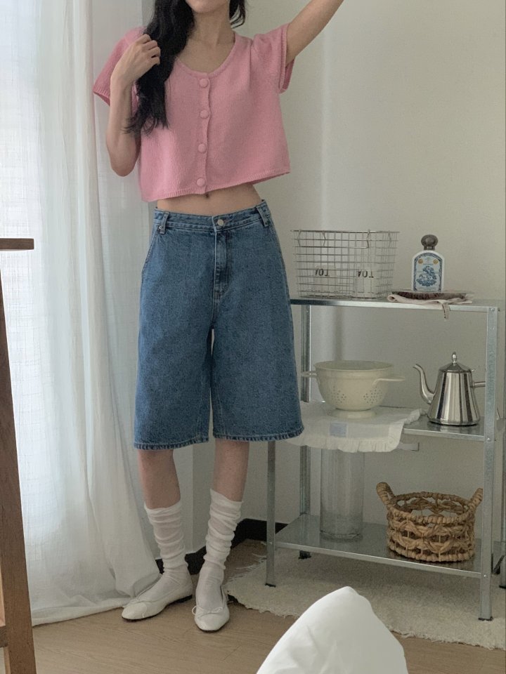 I'm here - Korean Women Fashion - #momslook - Diagonal Bermuda Denim Shorts - 5