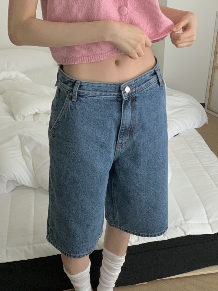 I'm here - Korean Women Fashion - #momslook - Diagonal Bermuda Denim Shorts - 7