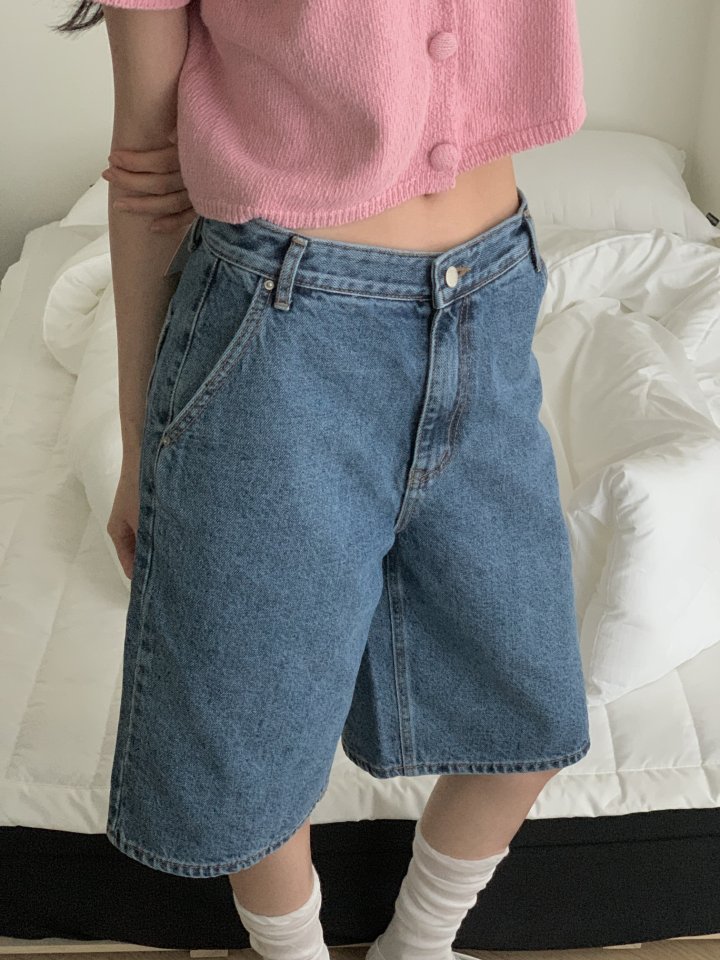 I'm here - Korean Women Fashion - #momslook - Diagonal Bermuda Denim Shorts - 8