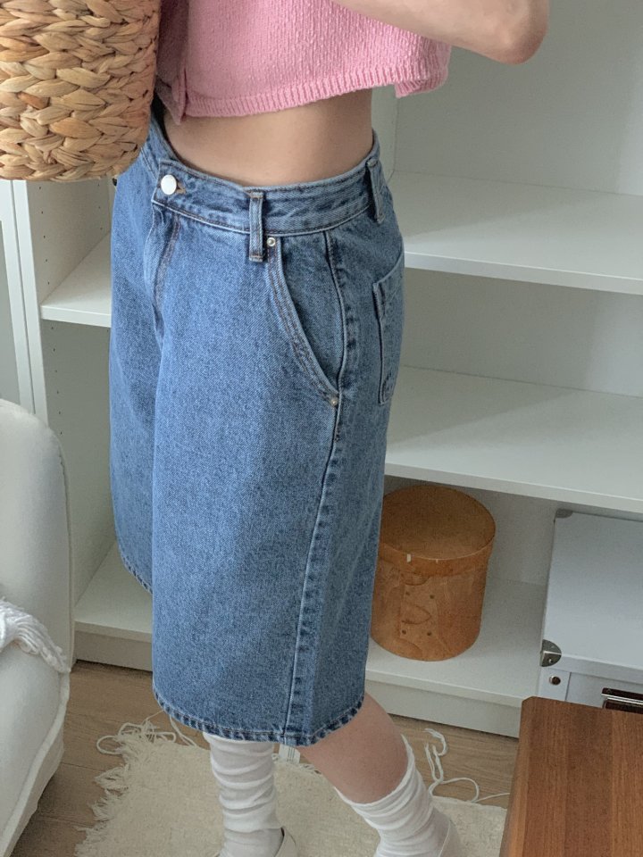 I'm here - Korean Women Fashion - #momslook - Diagonal Bermuda Denim Shorts - 9