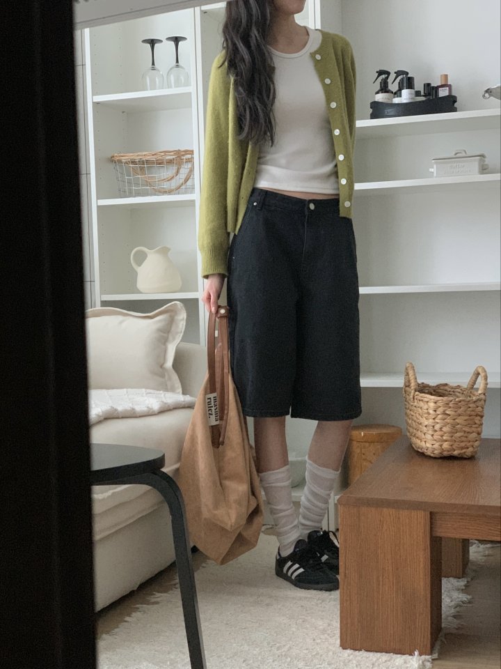 I'm here - Korean Women Fashion - #momslook - Diagonal Bermuda Black Denim Shorts - 2