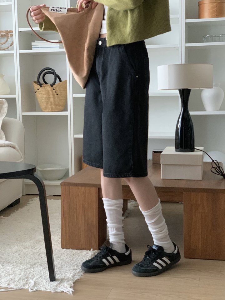 I'm here - Korean Women Fashion - #momslook - Diagonal Bermuda Black Denim Shorts - 6
