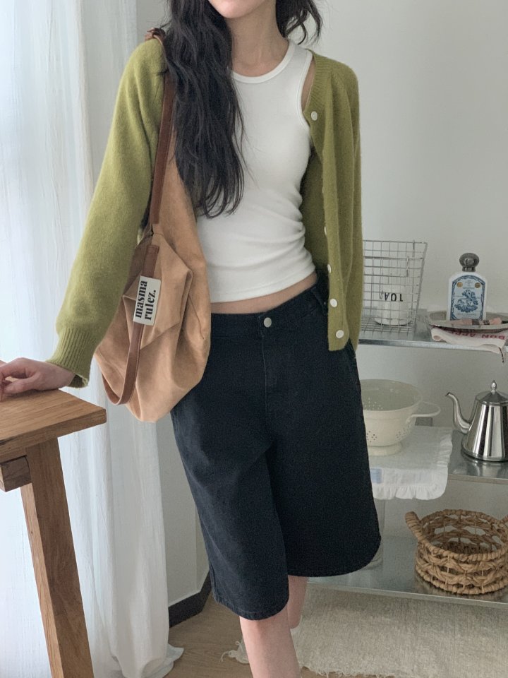 I'm here - Korean Women Fashion - #momslook - Diagonal Bermuda Black Denim Shorts - 7