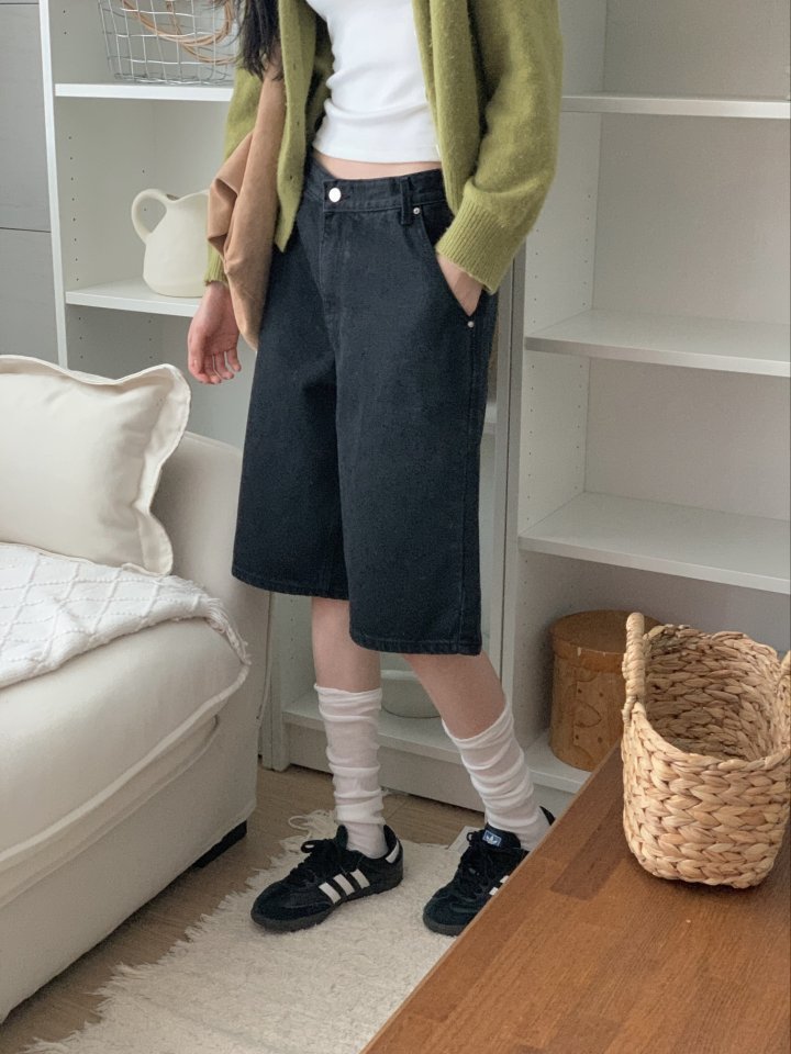 I'm here - Korean Women Fashion - #momslook - Diagonal Bermuda Black Denim Shorts - 8