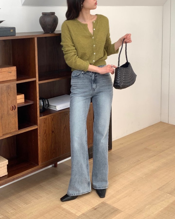 I'm here - Korean Women Fashion - #momslook - Straight Fit Gray Bootcut Denim Jeans