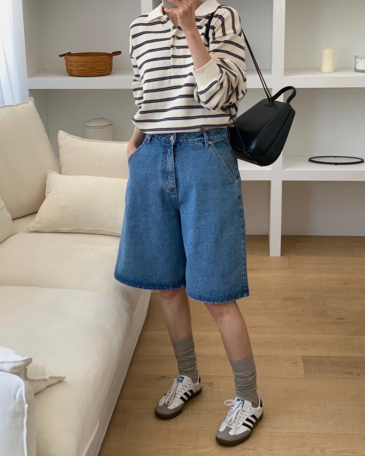 I'm here - Korean Women Fashion - #momslook - Diagonal Bermuda Denim Shorts