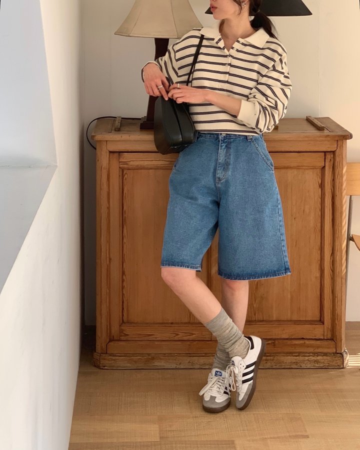 I'm here - Korean Women Fashion - #momslook - Diagonal Bermuda Denim Shorts - 2