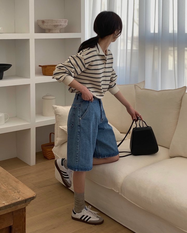 I'm here - Korean Women Fashion - #pursuepretty - Diagonal Bermuda Denim Shorts - 6