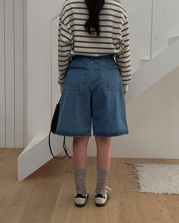 I'm here - Korean Women Fashion - #restrostyle - Diagonal Bermuda Denim Shorts - 7