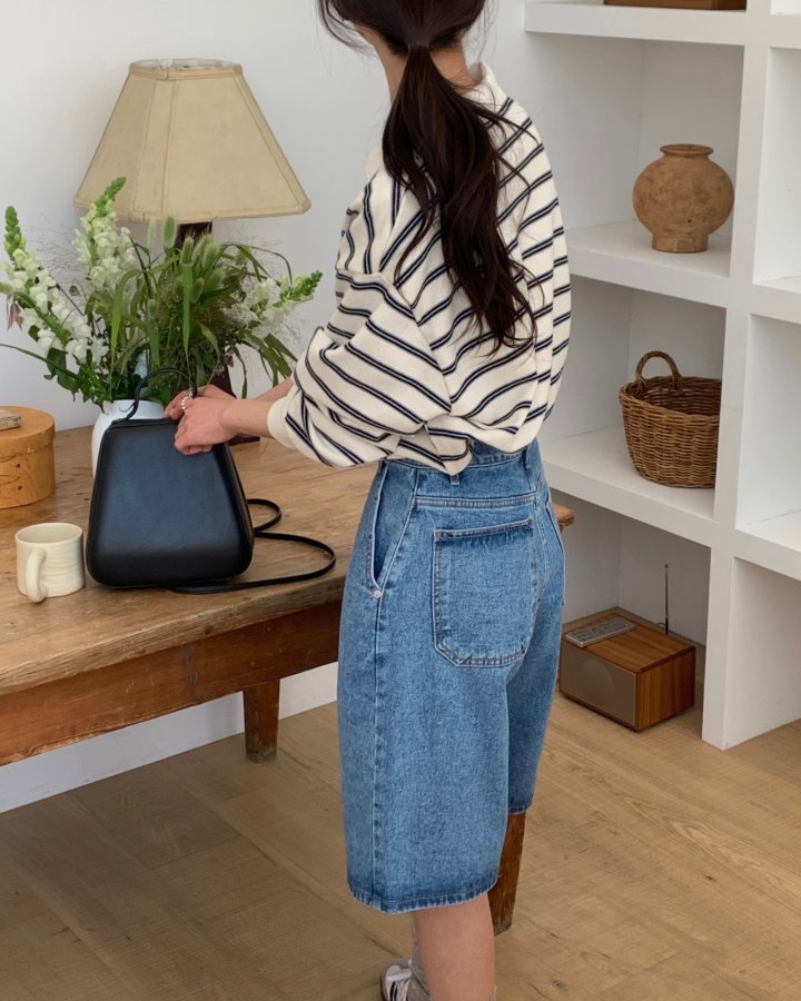 I'm here - Korean Women Fashion - #romanticstyle - Diagonal Bermuda Denim Shorts - 8
