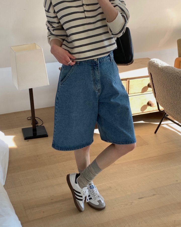 I'm here - Korean Women Fashion - #thatsdarling - Diagonal Bermuda Denim Shorts - 10